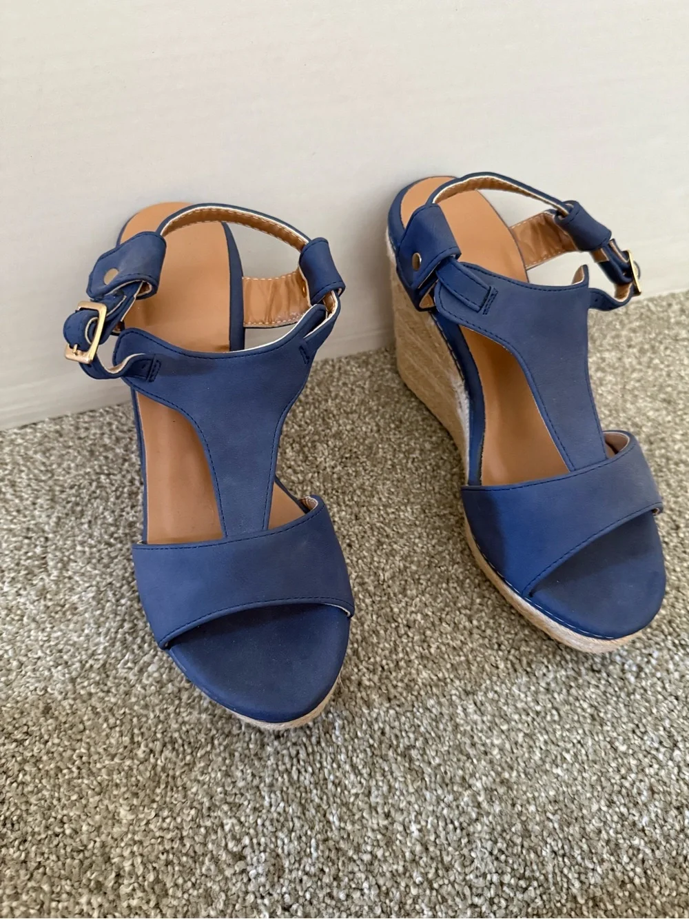 Women's Gray Blue Wedge Espadrille Sandals with Ankle Strap